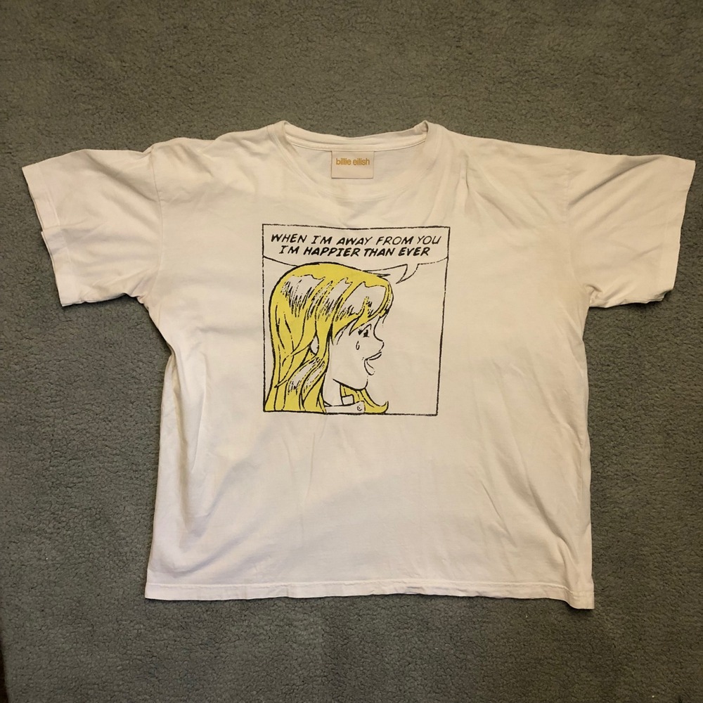 Billie Eilish Happier Than Ever White Graphic T-Shirt Comic Pop Art Mens XL/2XL
